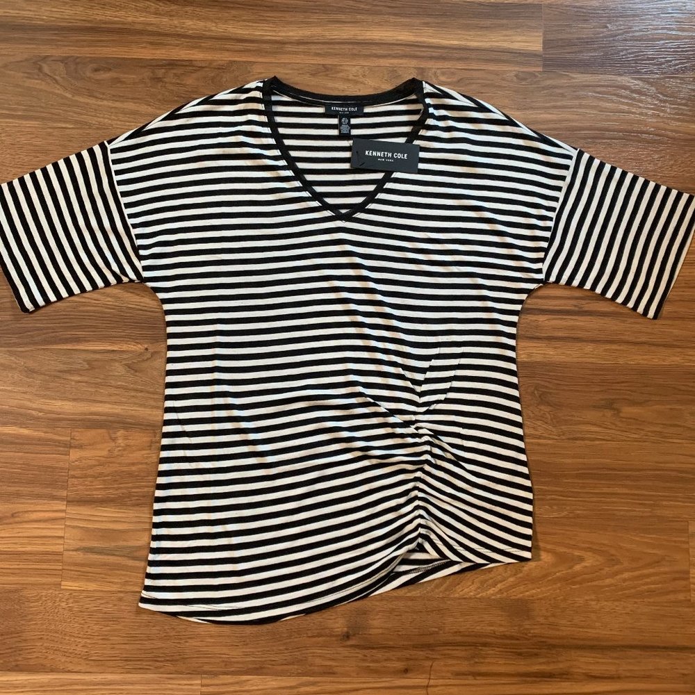 Kenneth Cole Striped V-Neck Ruched T-Shirt